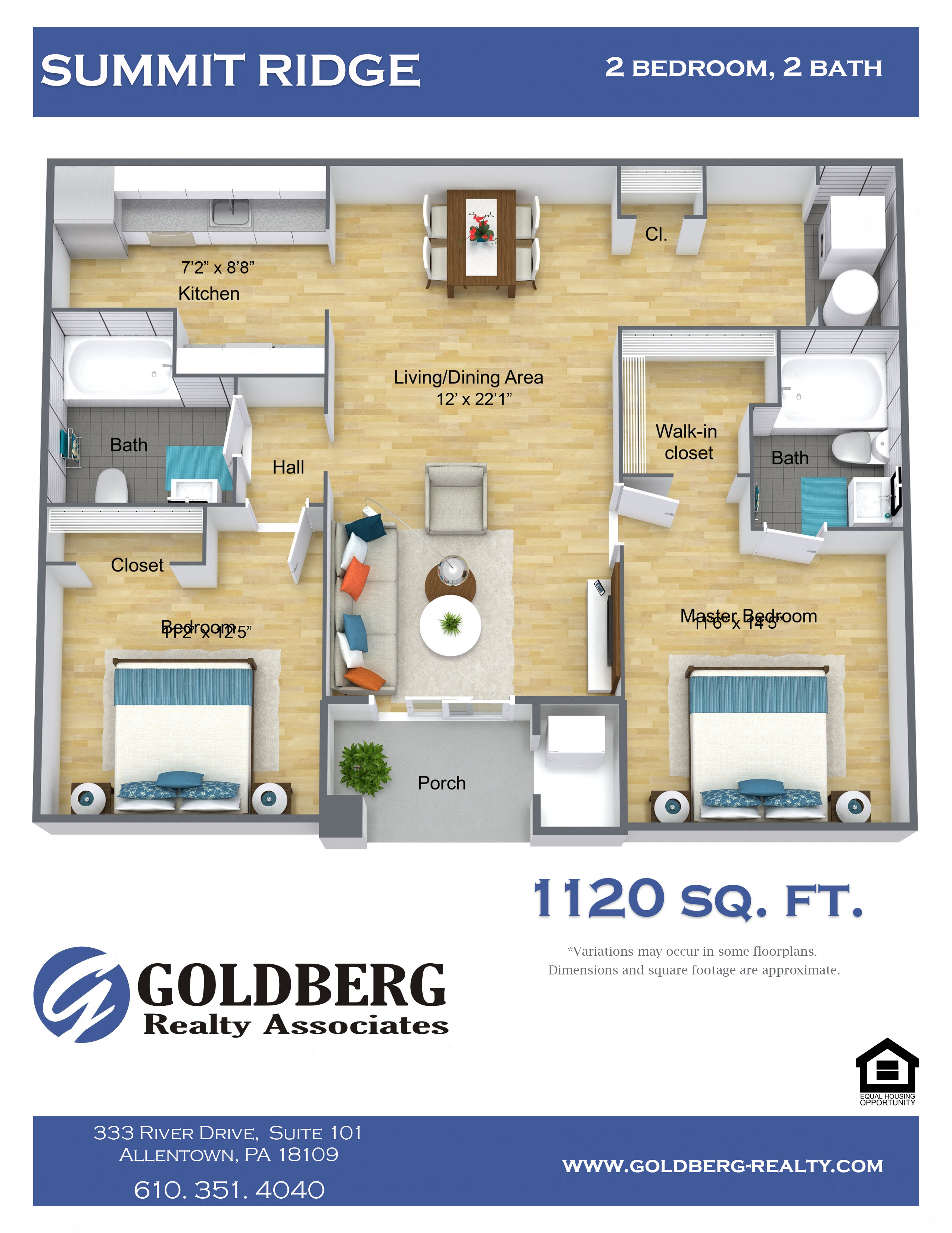Floor plan for 2 beds, 2 baths, 902 sqft